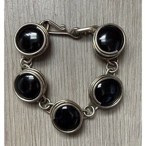 Vintage Chunky Black Onyx Wire Wrapped Link Bracelet 7.75 Inches